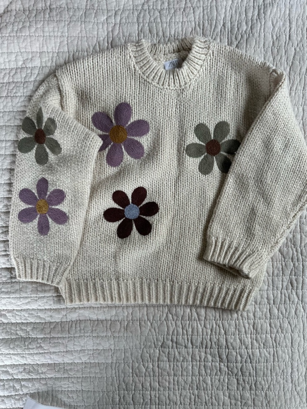 Zara Cream Floral Knit Sweater - Crewneck Women’s Sweater 526